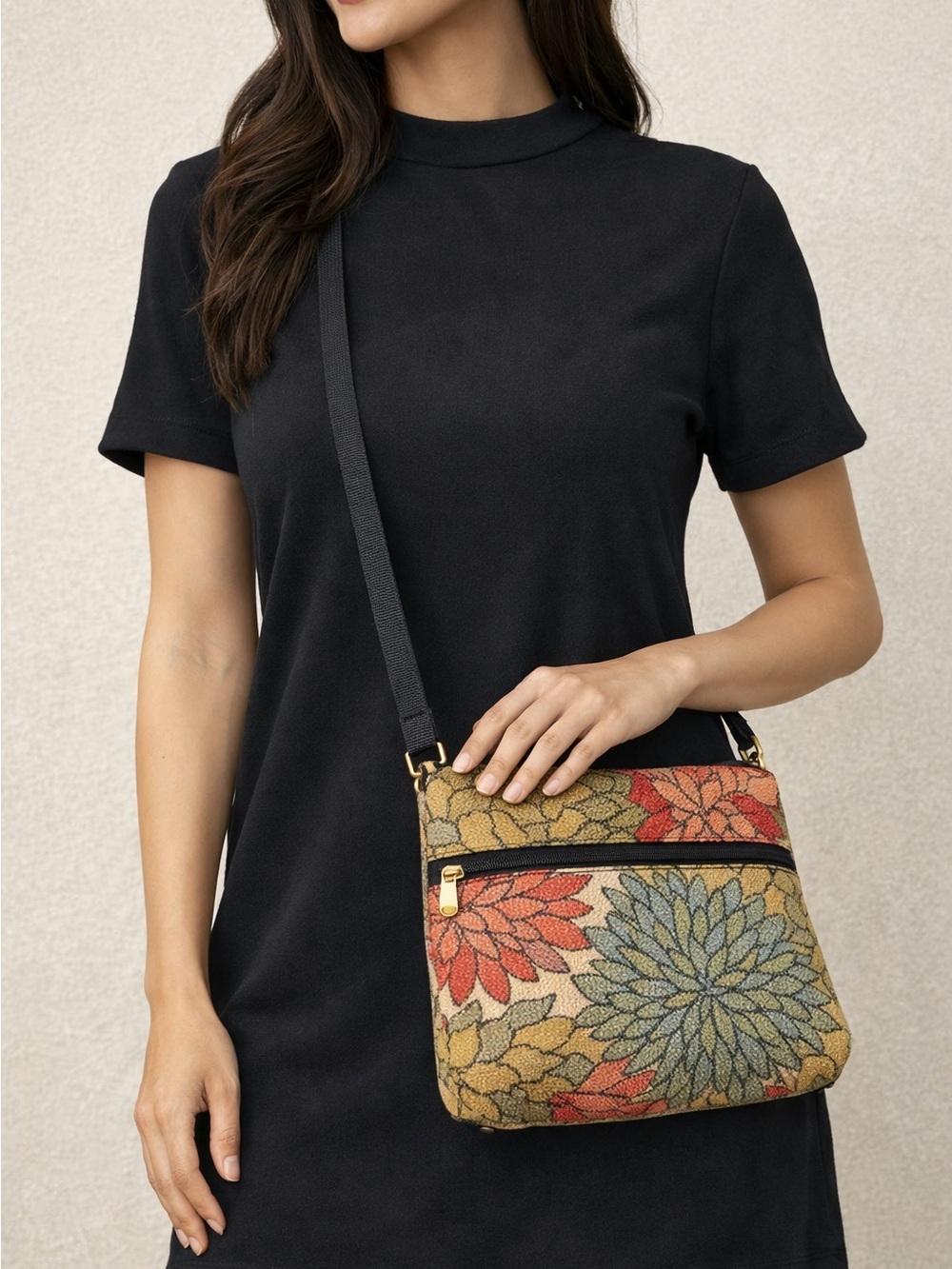Floral Tapestry Crossbody Bag - Rust, Olive & Tan
